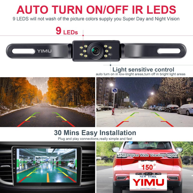 YIMU Car Backup Camera, License Plate Camera with 7 LED Lights Rear Camera, HD Night Vision Rear View Camera,Wide View Angle, IP69K Waterproof Reverse Vehicle Camera for Cars,SUV,Trucks,RV, Pickup - Image 5